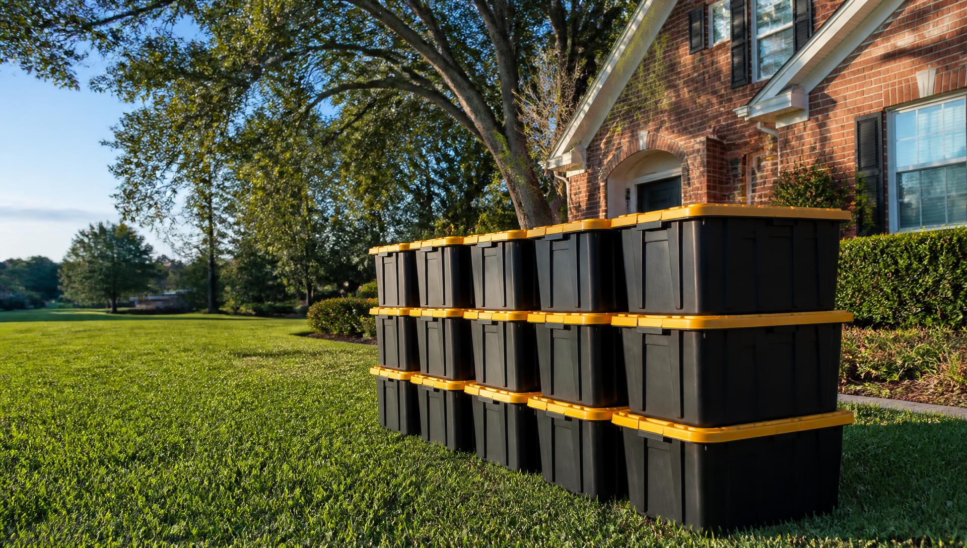 Rows of stacked black moving totes with yellow lids on a front lawn beside a brick Cabarrus County home