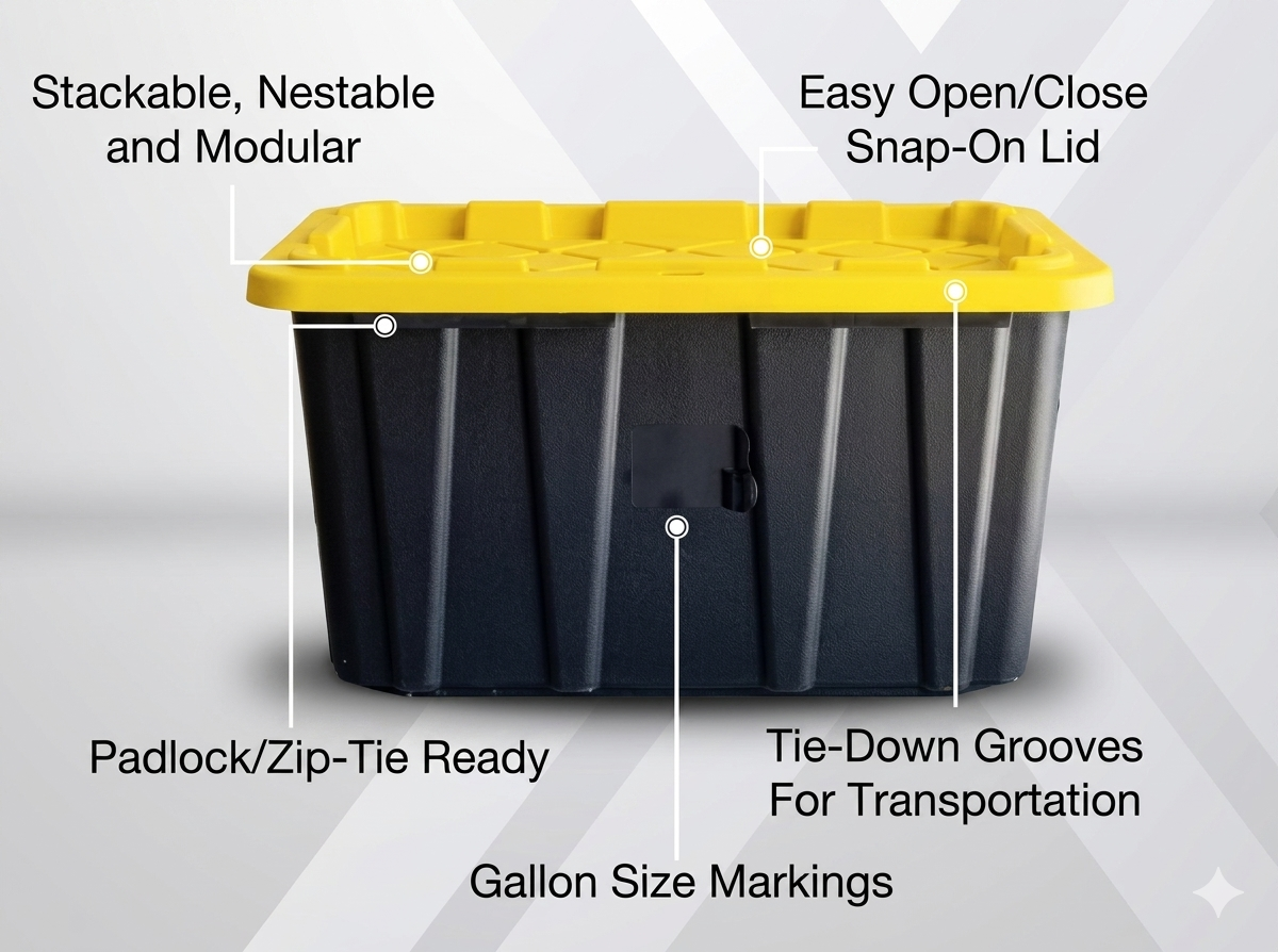 Labeled diagram of a black moving tote showing the snap-on lid, tie-down grooves, padlock tab and gallon markings