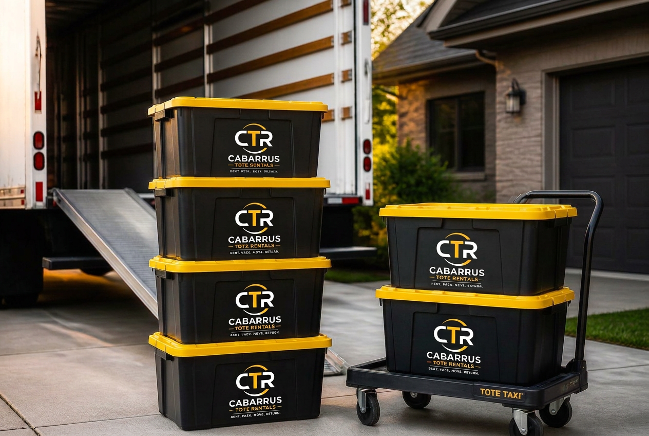Stacked CTR-branded black moving totes with yellow lids beside a Tote Taxi rolling platform at the open ramp of a moving truck