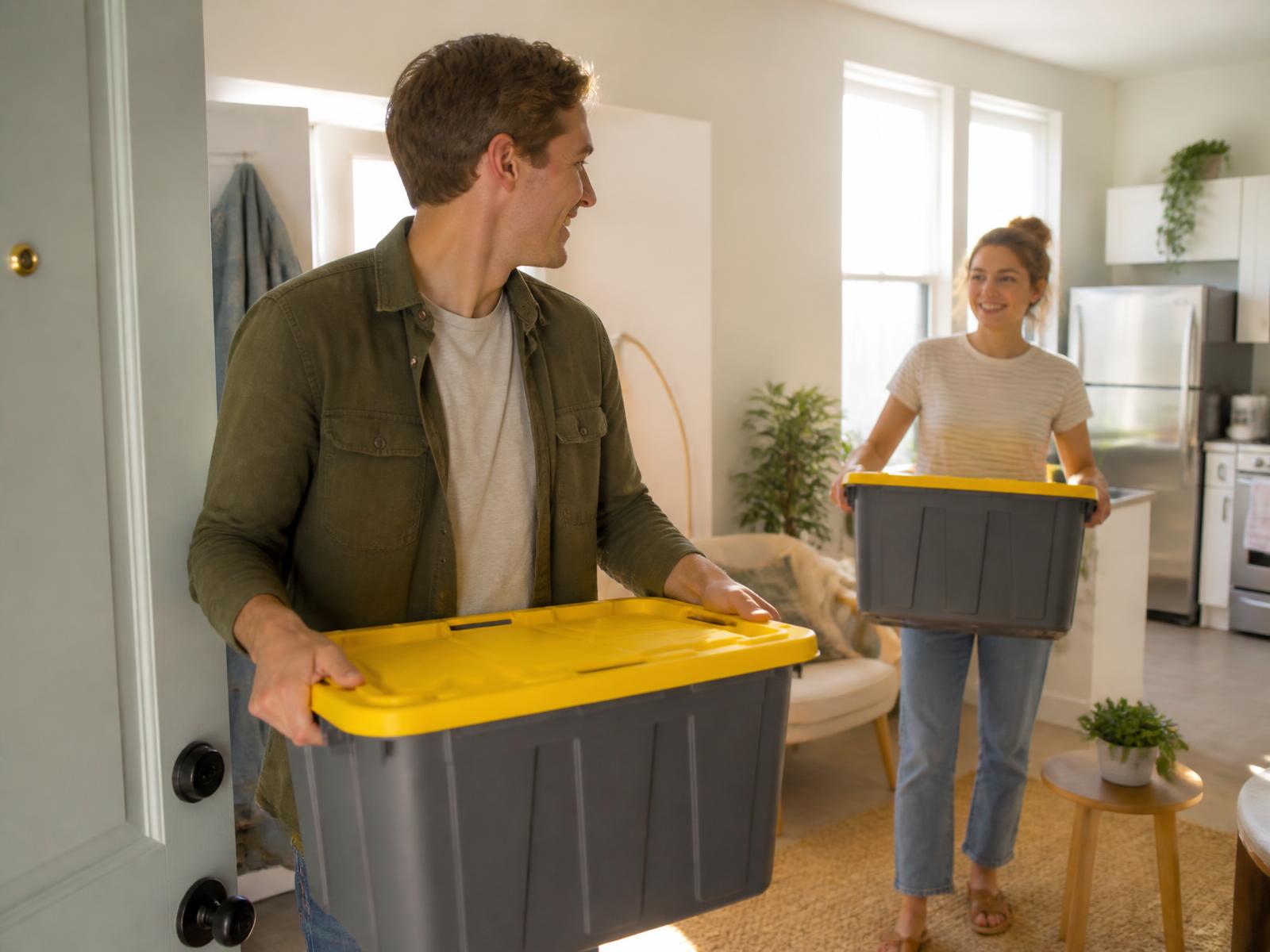 Couple carrying grey moving totes with yellow lids into a sunlit apartment
