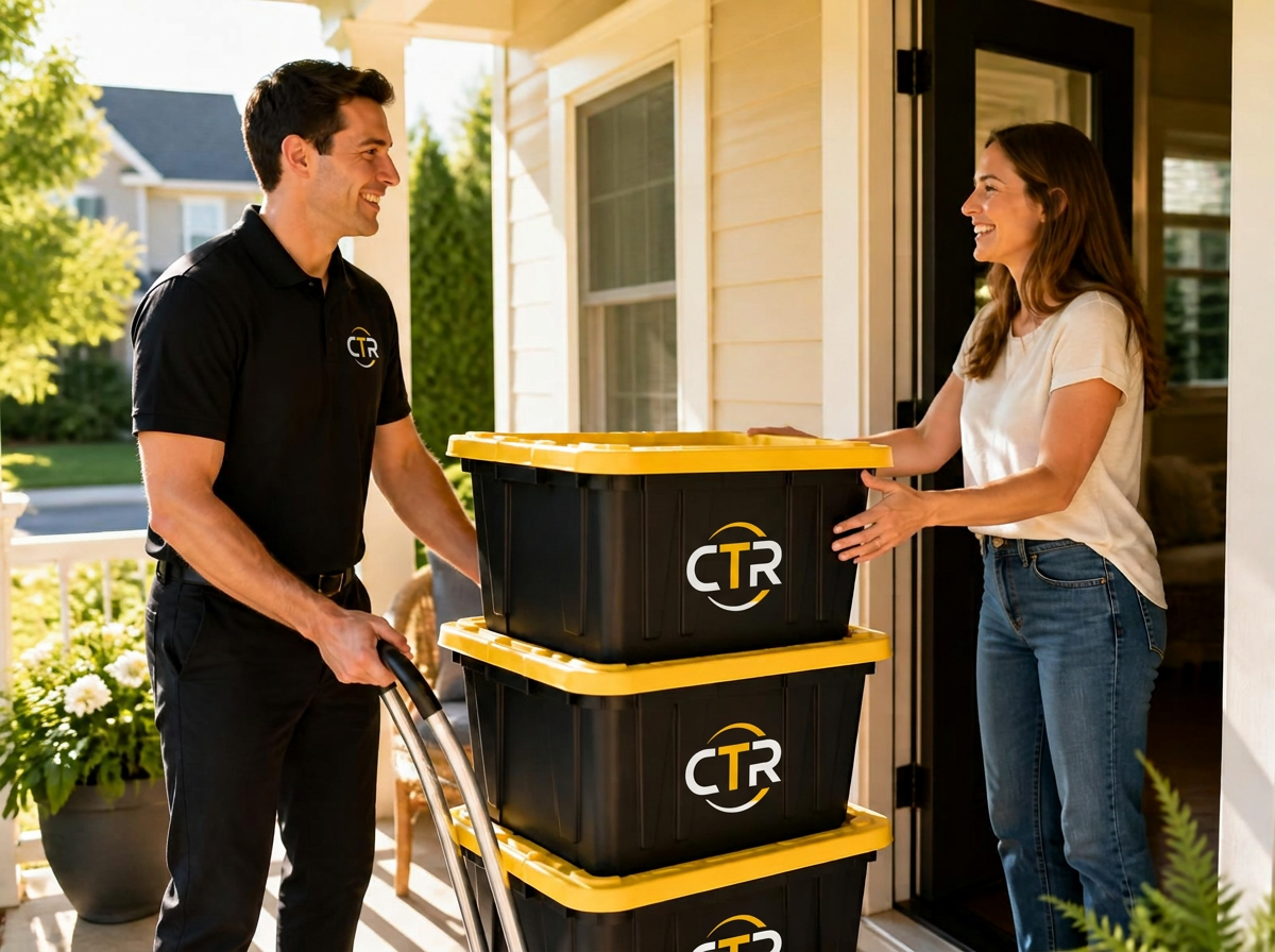 Local owner handing off stacked moving totes to a customer on a sunny front porch