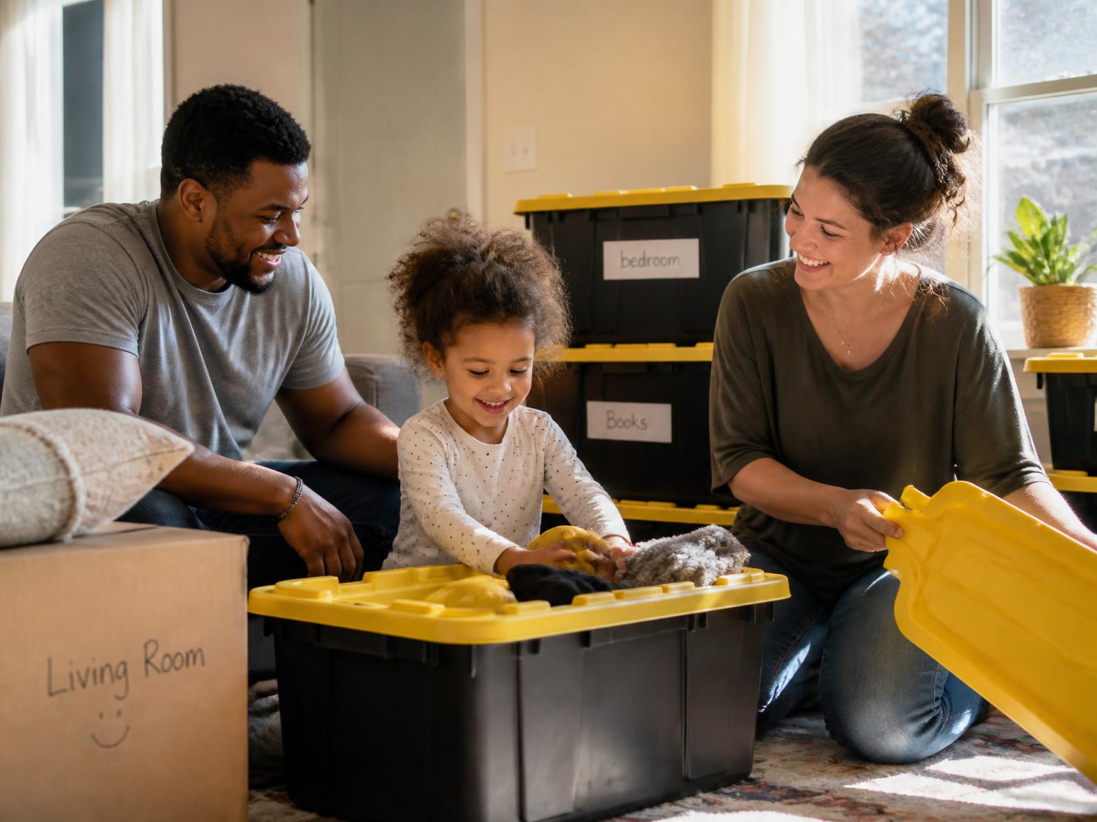 Parents and their young daughter packing a moving tote with a yellow lid in a sunny living room