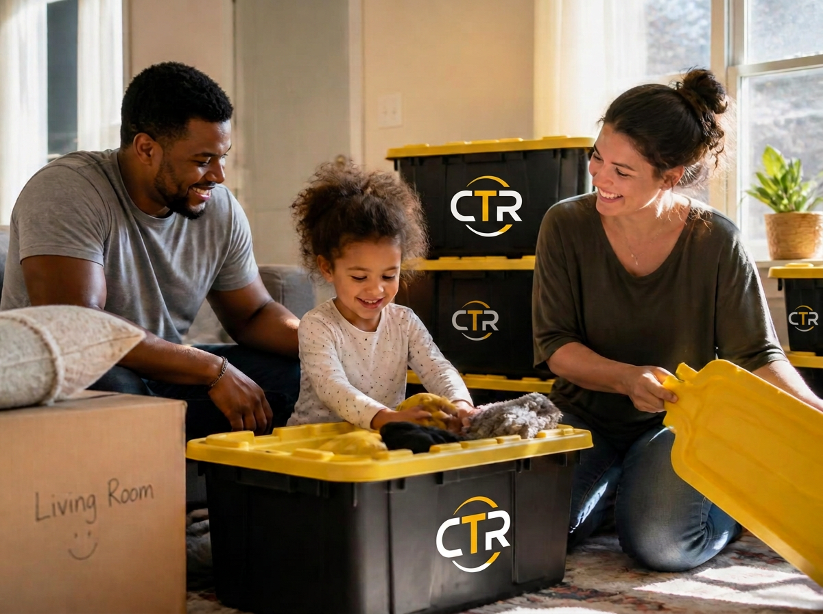 Parents and their young daughter packing a moving tote with a yellow lid in a sunny living room
