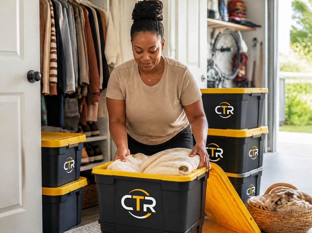 Woman organizing linens into grey moving totes with yellow lids during a closet and garage cleanout