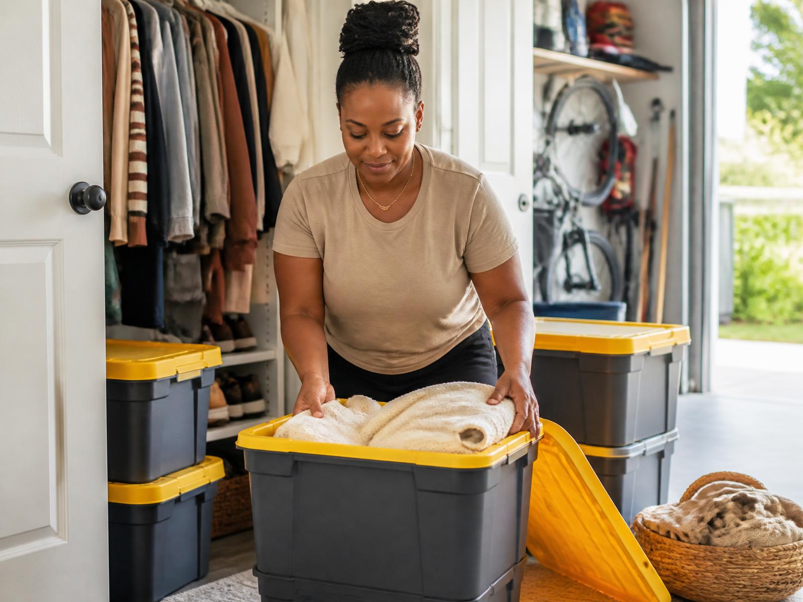 Woman organizing linens into grey moving totes with yellow lids during a closet and garage cleanout